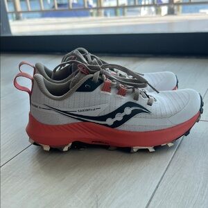 Saucony White and Coral Trail Shoes